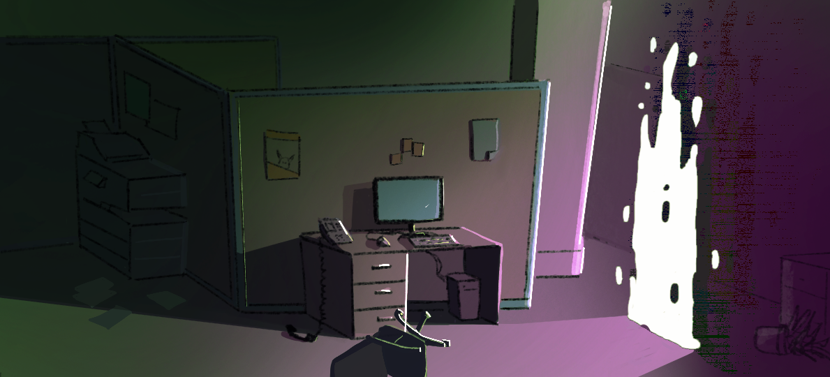 Une faille ouverte et un bureau abandonné.