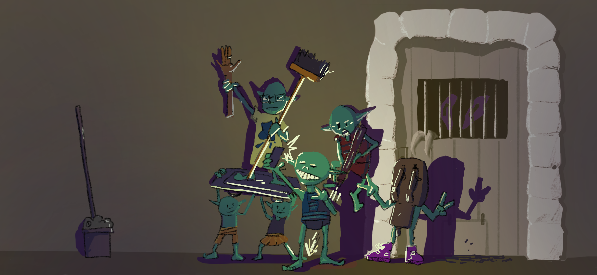 Des gobelins jouants avec le matériel d'aventuriers.